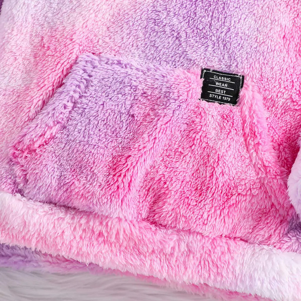 Girls Pink Self-Design Tie-Dye Pattern Hooded Fleece Sweatshirt Sweatshirts & Hoodies