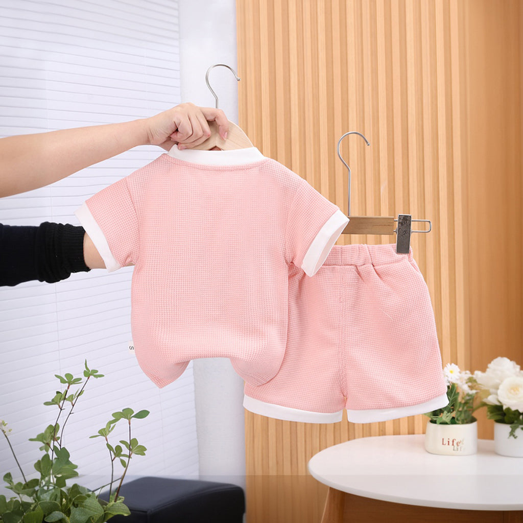 Girls Pink Flower Applique Short Sleeves Top With Shorts Set 2 pc. Sets