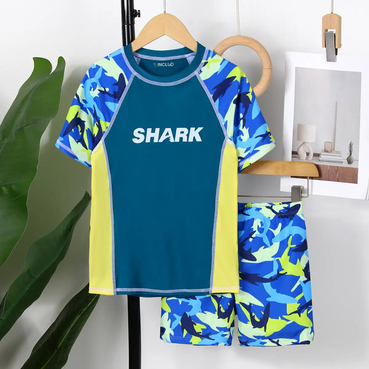 Boys Blue Fish Printed T-Shirt With Shorts Swimwear Sets Beachwear Blue 7-8 Y
