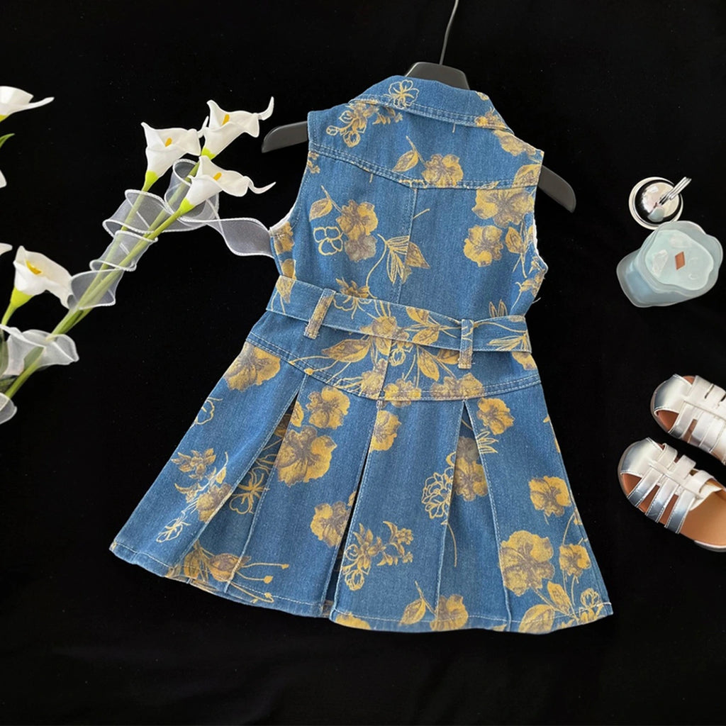 Girls Blue Floral Printed Pleated A-line Denim Dress Casual Dresses
