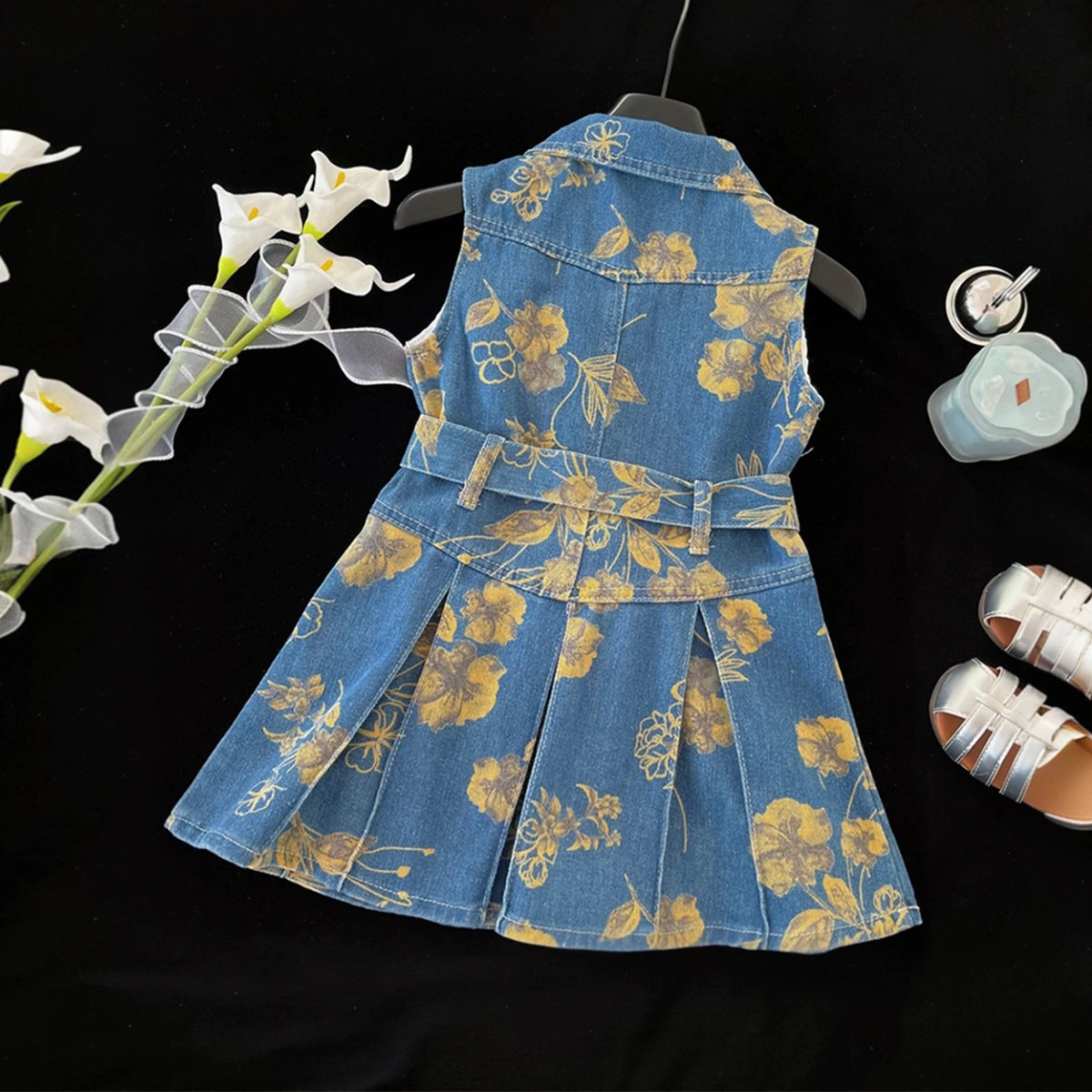 Girls Blue Floral Printed Pleated A-line Denim Dress Casual Dresses