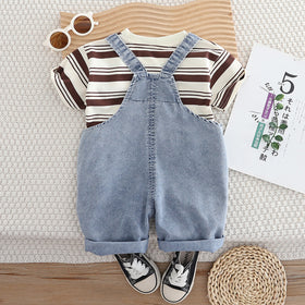 Boys Brown Striped T-Shirt with Denim Dungaree Set Sets