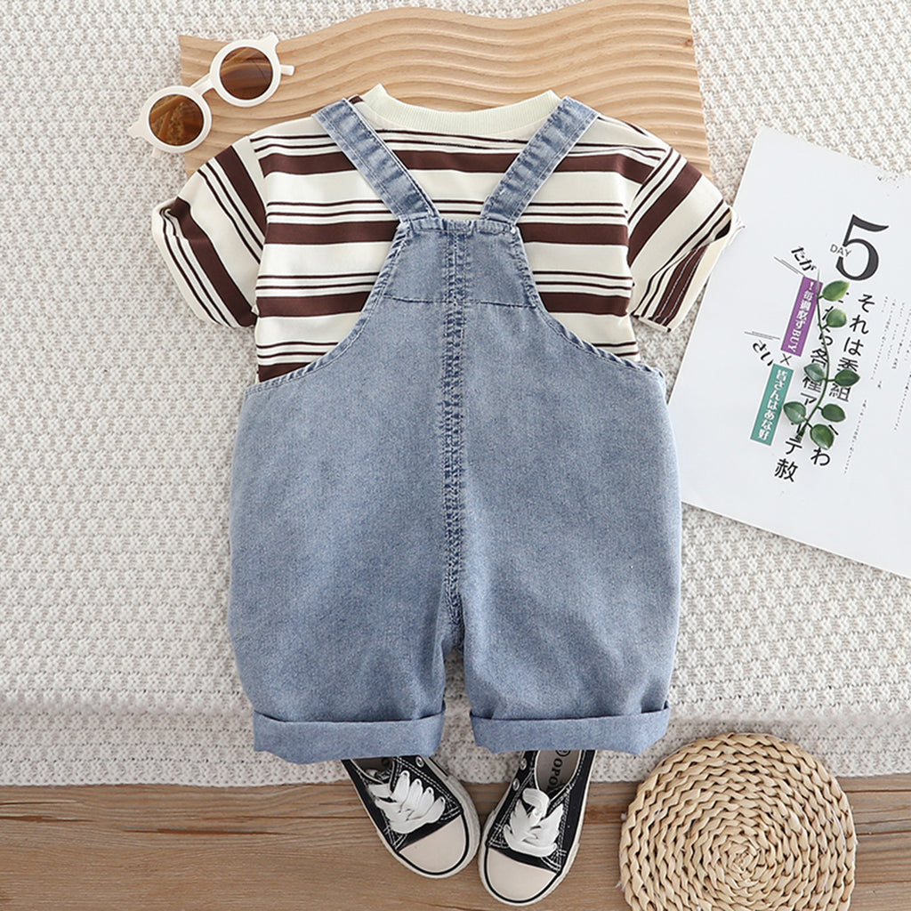 Boys Brown Striped T-Shirt with Denim Dungaree Set Sets