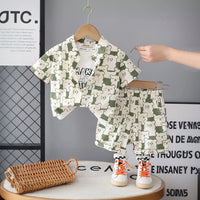 Boys Green Allover Bear Print Shirt With Short & Sleeveless T-Shirt Sets Sets Green 1-2 Y