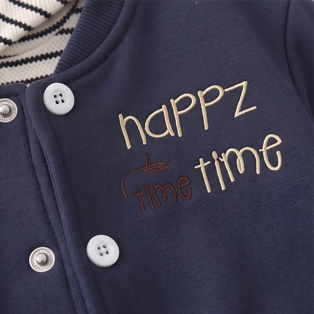 Boys Navy Blue Typographic Jacket With Hooded Sweatshirt & Joggers Sets Sets