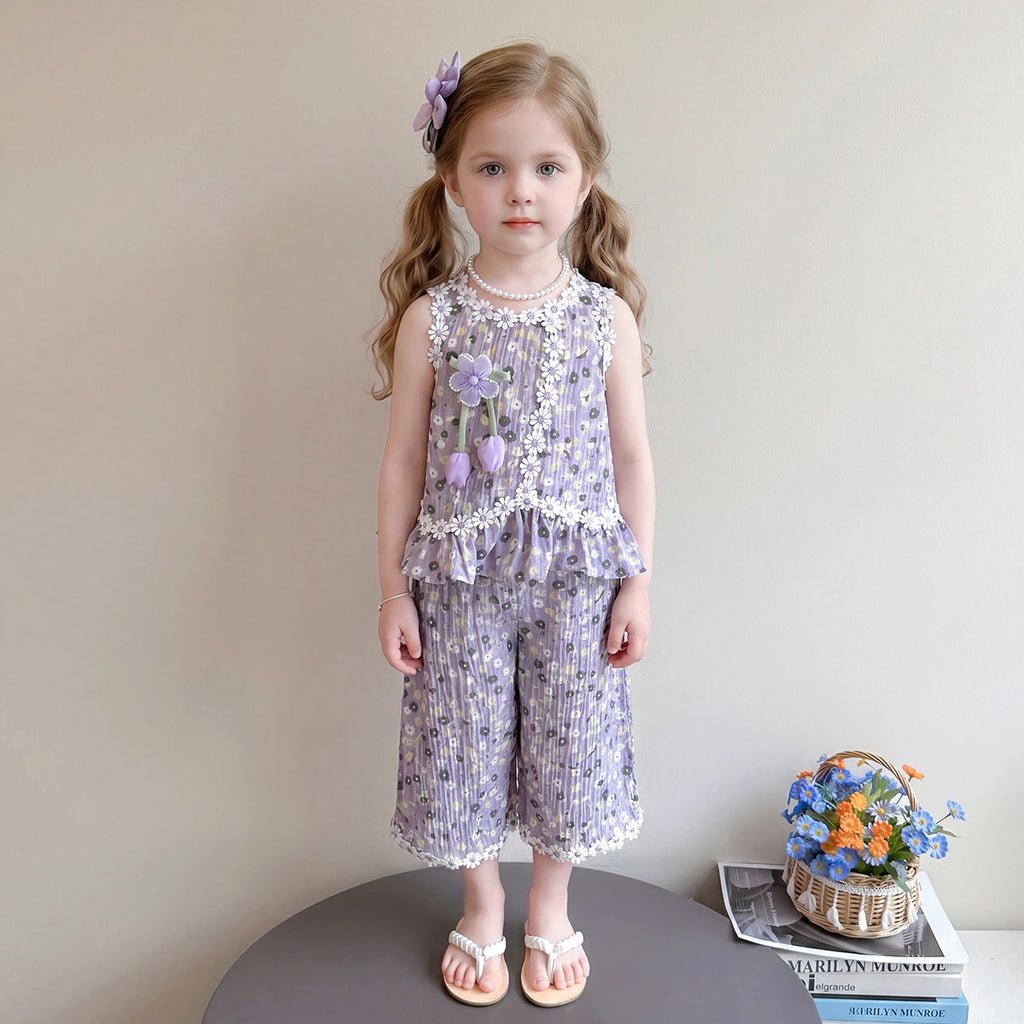 Girls Purple Floral Print Sleeveless Top With Crop Pants Sets 2 pc. Sets Purple 1-2 Y