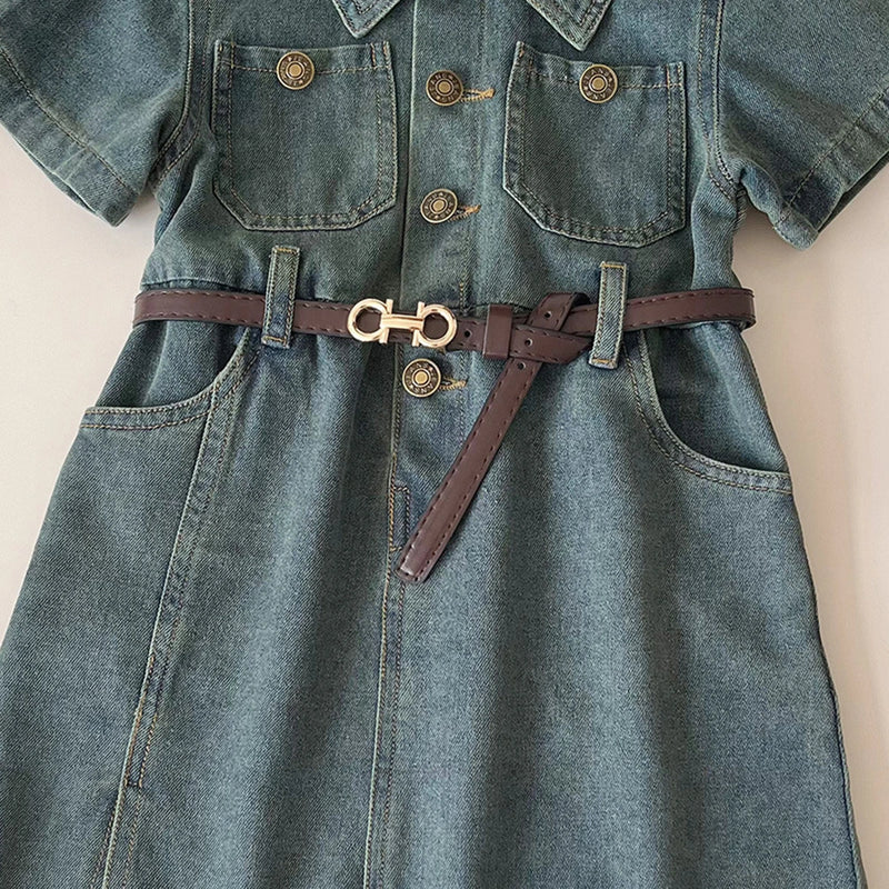 Girls Blue Short Sleeve Button Front Denim Dress Casual Dresses