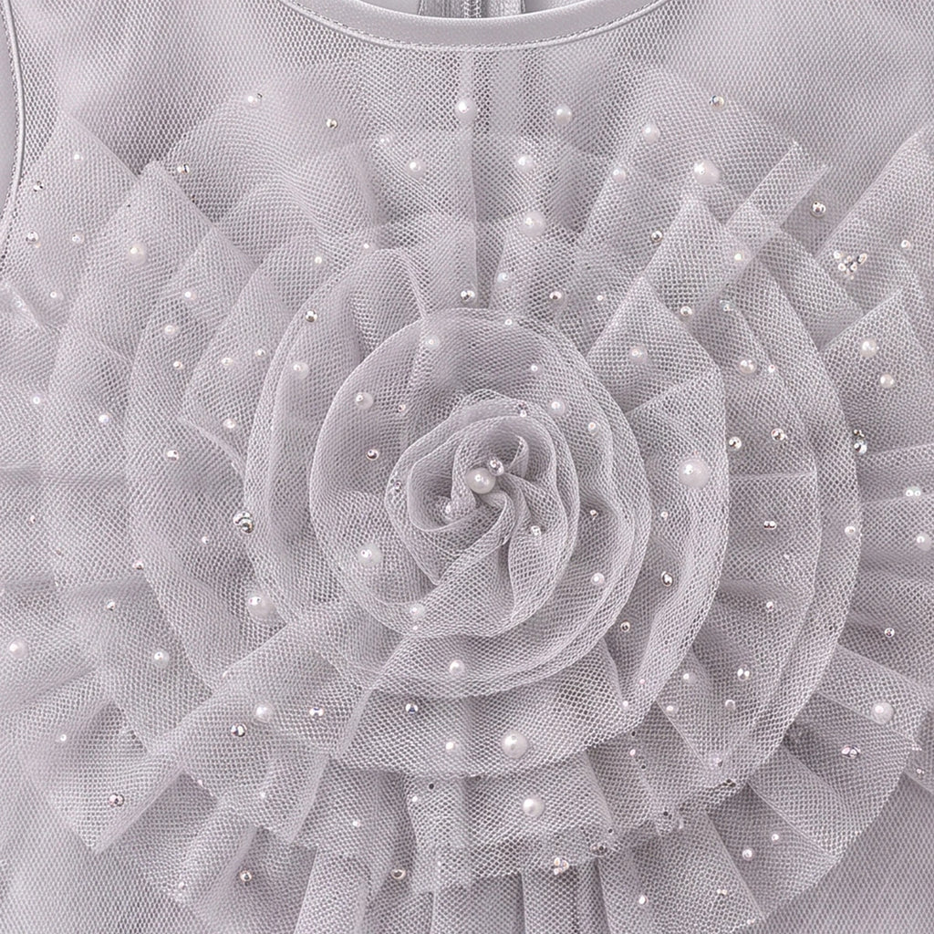Girls Light Grey Floral Applique Party Gown Party Dresses