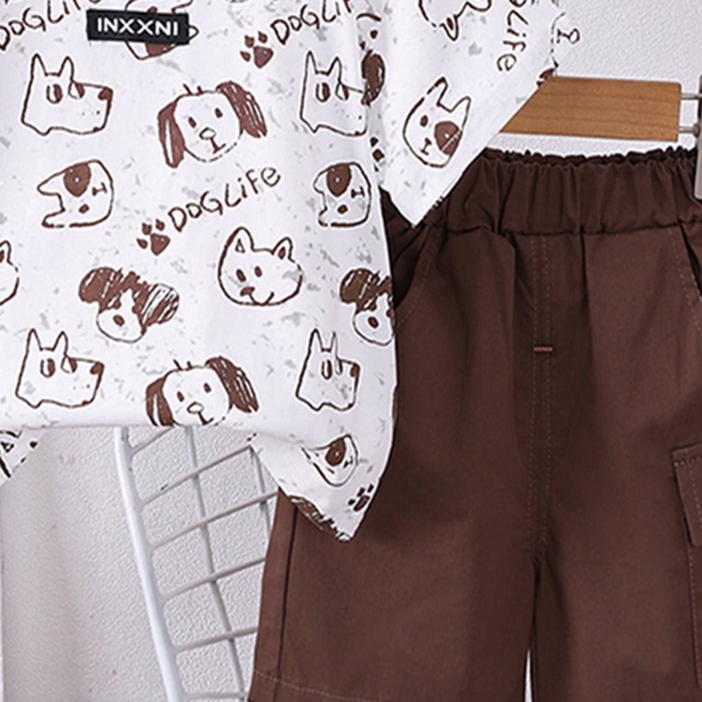 Boys Brown Dog Printed Short Sleeves T-shirt With Shorts Set Sets