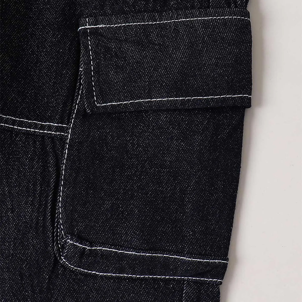 Boys Black Solid Cargo Jeans With Elasticated Waistband Cargo Pants