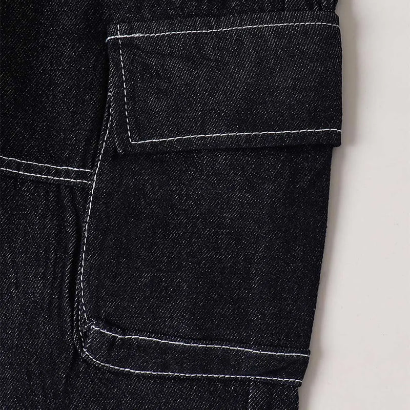 Boys Black Solid Cargo Jeans With Elasticated Waistband Cargo Pants