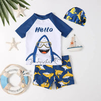 Boys White Shark Print T-Shirt With Shorts & Swim Cap Swimwear Sets Beachwear White 3-4 Y