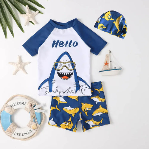 Boys White Shark Print T-Shirt With Shorts & Swim Cap Swimwear Sets Beachwear White 3-4 Y
