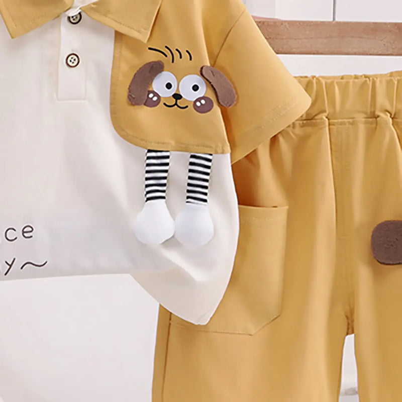 Boys Yellow Dog Applique Short Sleeve Polo T-Shirt With Elasticated Shorts Sets 2 pc. Sets