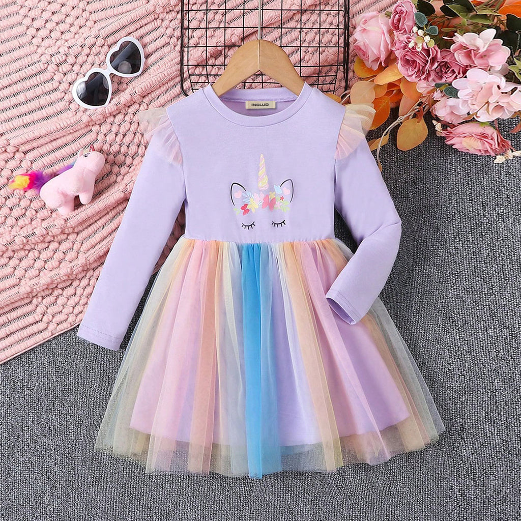 Girls Purple Unicorn Print Multicolored Tulle Overlay Dress Casual Dresses Purple 3-4 Y