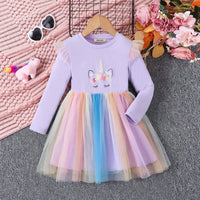 Girls Purple Unicorn Print Multicolored Tulle Overlay Dress Casual Dresses Purple 3-4 Y