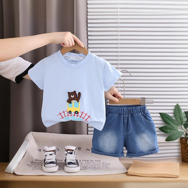 Boys Sky Blue Bear Applique T-Shirt With Denim Shorts Sets 2 pc. Sets Sky Blue 1-2 Y
