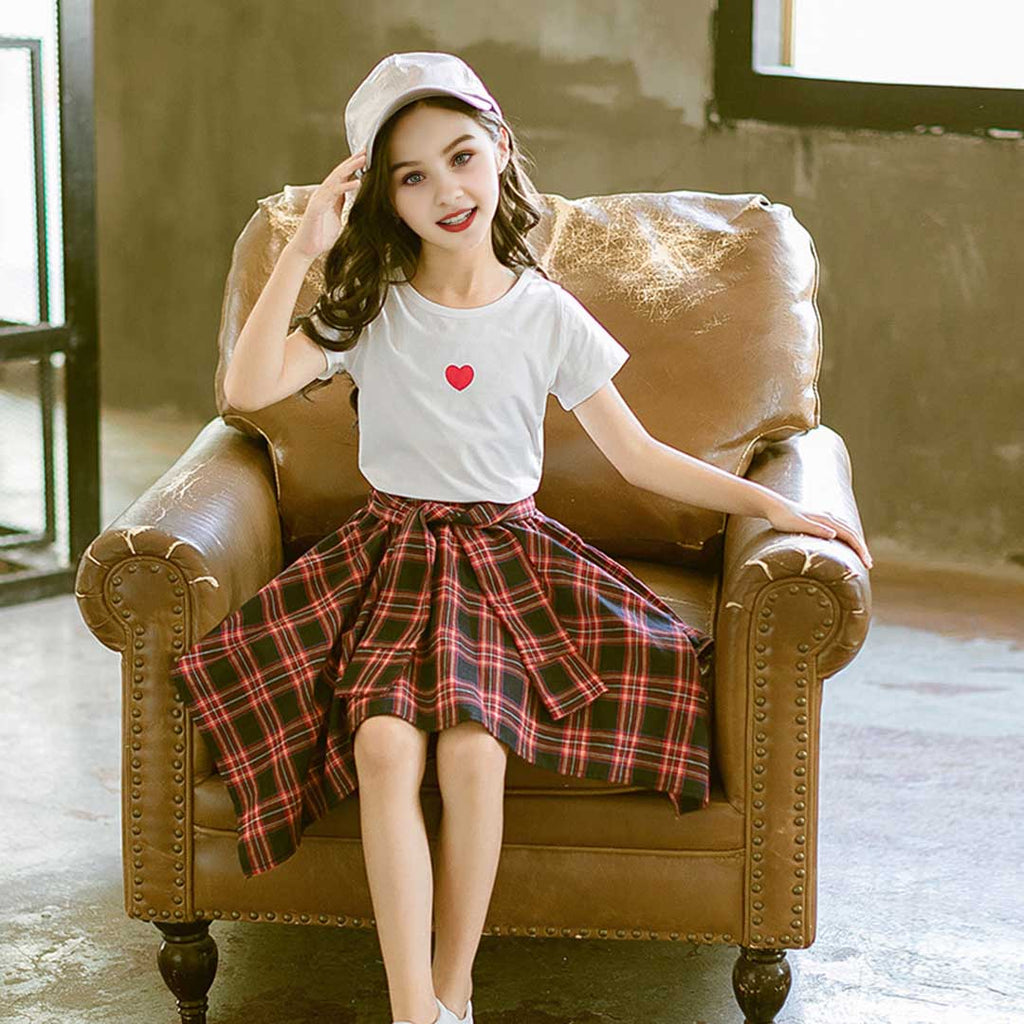 Girls Heart Print Top With Plaid Skirt Set
