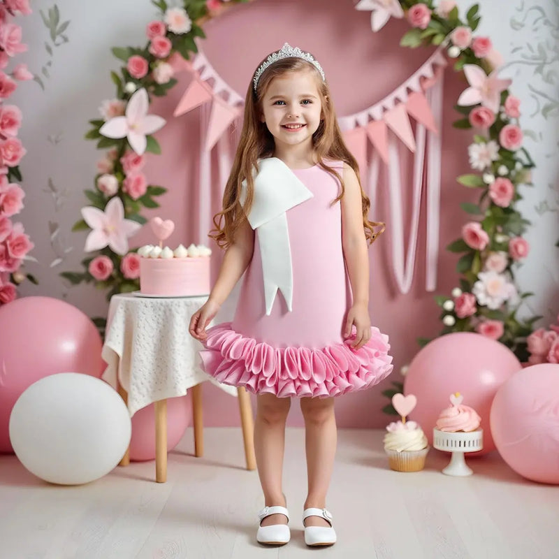 Girls Pink Sleeveless A-line Party Wear Dress With Bow Applique Party Dresses