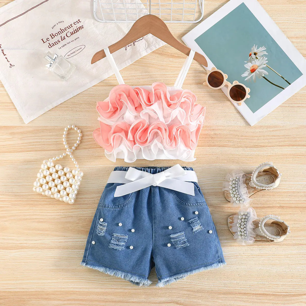 Girls Orange Ruffle Applique Sleeveless Top With Denim Short And Self Fabric Belt Sets 2 pc. Sets Orange 2-3 Y