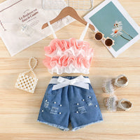 Girls Orange Ruffle Applique Sleeveless Top With Denim Short And Self Fabric Belt Sets 2 pc. Sets Orange 2-3 Y