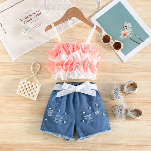Girls Orange Ruffle Applique Sleeveless Top With Denim Short And Self Fabric Belt Sets 2 pc. Sets Orange 2-3 Y