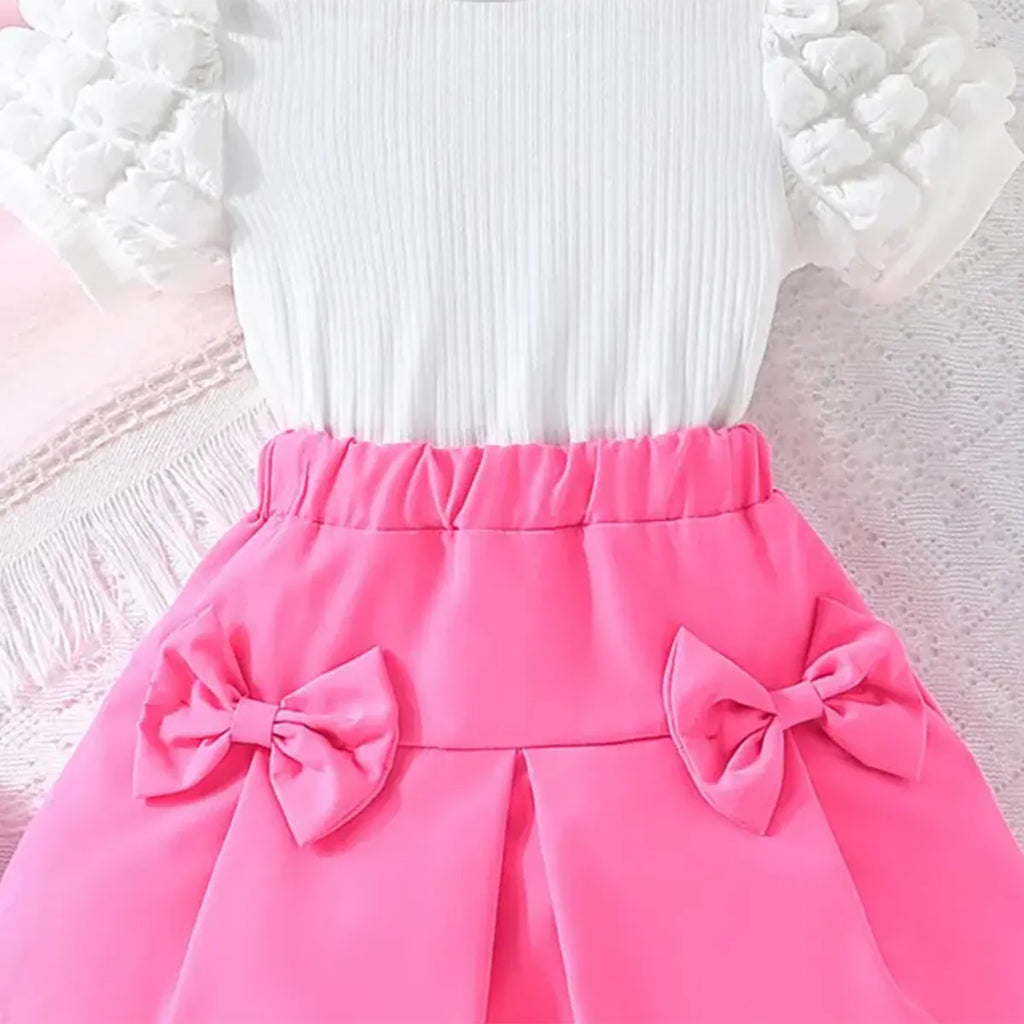 Girls White Puff Sleeves Top With Pleated Skirt Sets Sets