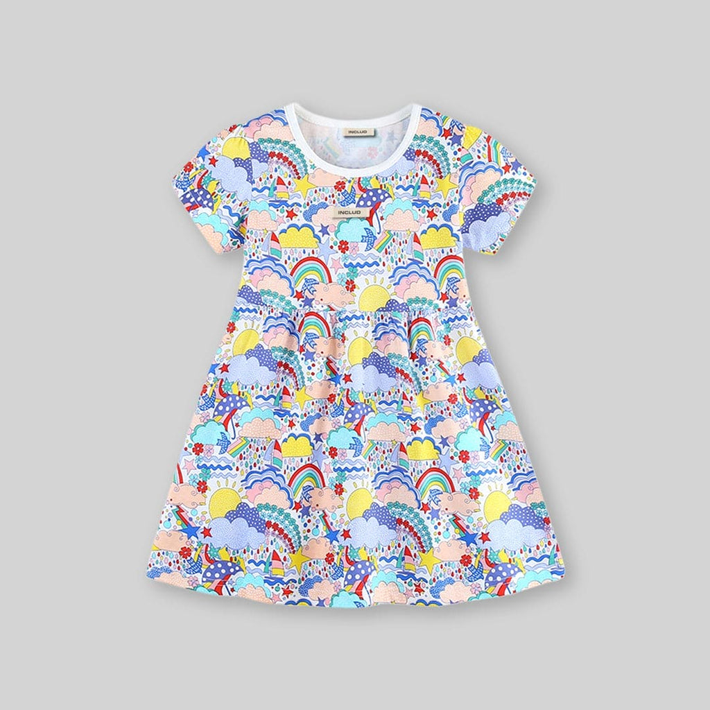 Girls Short Sleeve Rainbow Printed Dress Casual Dresses   