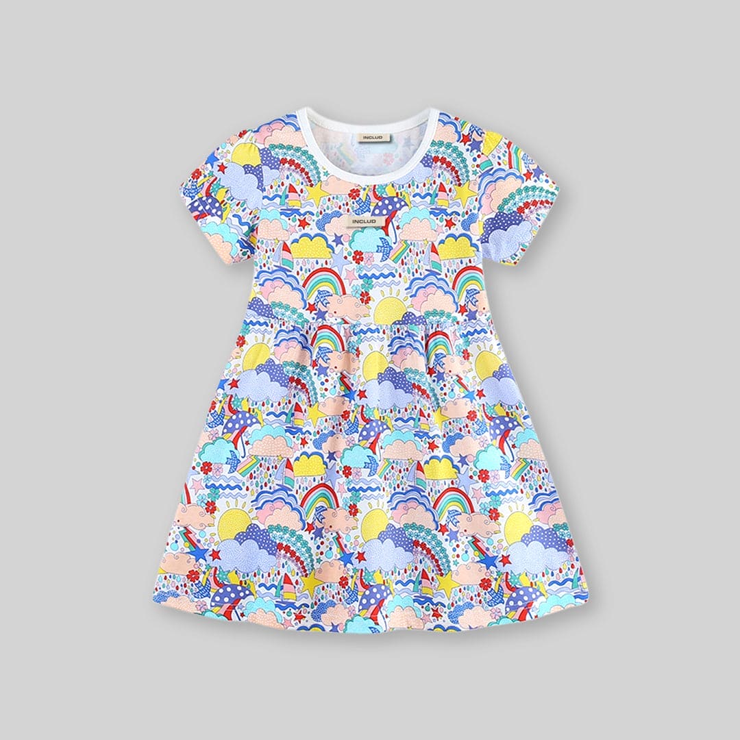 Girls Short Sleeve Rainbow Printed Dress Casual Dresses   