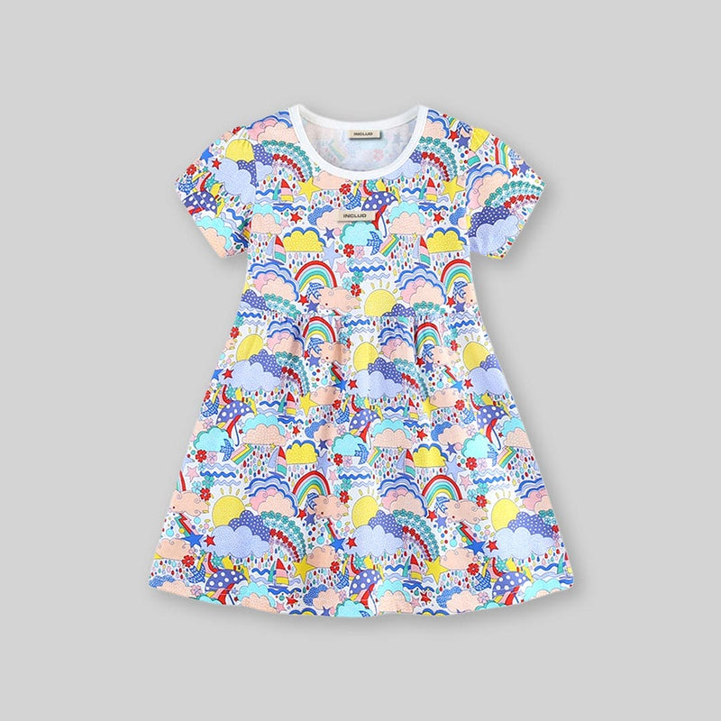 Girls Short Sleeve Rainbow Printed Dress Casual Dresses   
