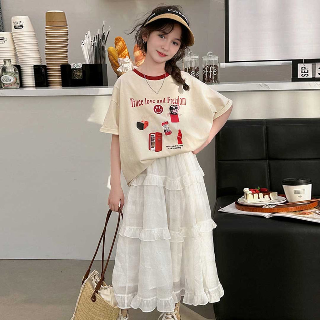 Girls Short Sleeve Graphic T-shirt With Tiered Skirt Set
