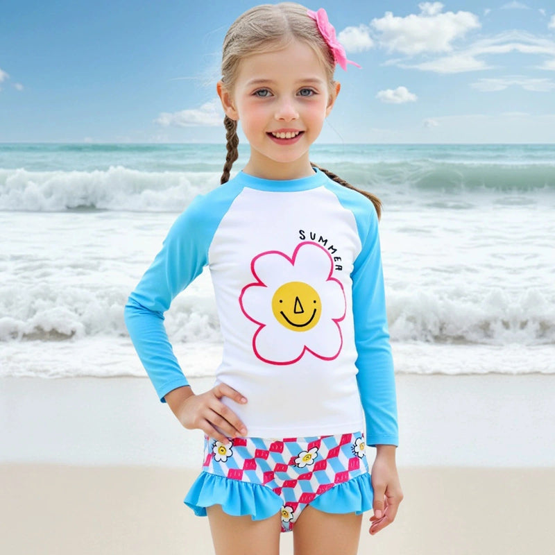 Girls Light Blue Flower Printed T-Shirt With Ruffled Briefs Swimwear Sets Sets
