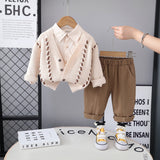 Boys Off White Self-Design Cardigan With Shirt and Pants Set