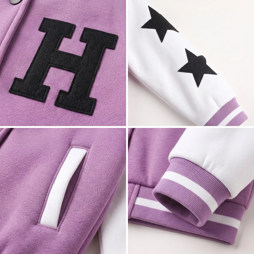 Girls Lavender Typographic Long Sleeve Varsity Jacket Coats & Jackets