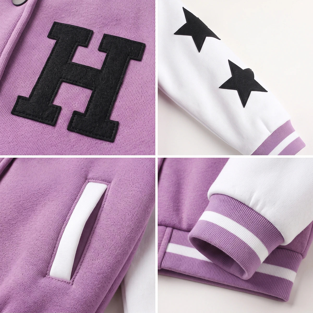 Girls Lavender Typographic Long Sleeve Varsity Jacket Coats & Jackets