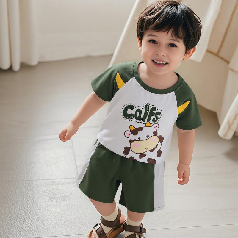 Boys Green Short Sleeve Cow Print T-Shirt With Shorts Set 2 pc. Sets Green 1-2 Y