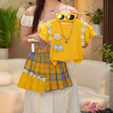 Girls Yellow Floral Applique Flutter Sleeve Top With Checked Skirt Sets