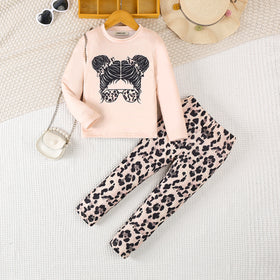 Girls Apricot Graphic Long Sleeves Top With Animal Printed Pants Set 2 pc. Sets Apricot 3-4 Y