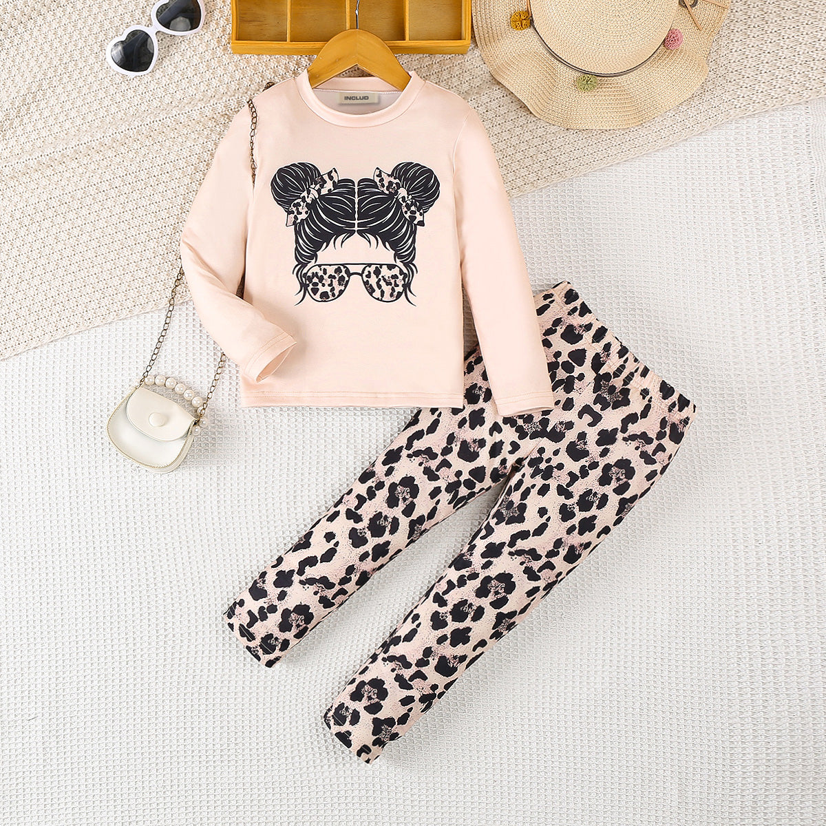 Girls Apricot Graphic Long Sleeves Top With Animal Printed Pants Set 2 pc. Sets Apricot 3-4 Y