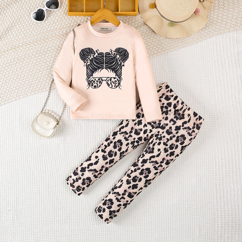 Girls Apricot Graphic Long Sleeves Top With Animal Printed Pants Set 2 pc. Sets Apricot 3-4 Y