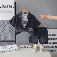 Boys Black Denim Shirt & Shorts With Printed T-Shirt Sets Sets Black 1-2 Y