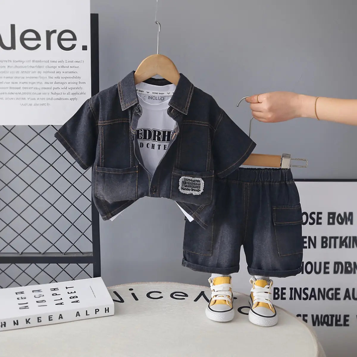 Boys Black Denim Shirt & Shorts With Printed T-Shirt Sets Sets Black 1-2 Y
