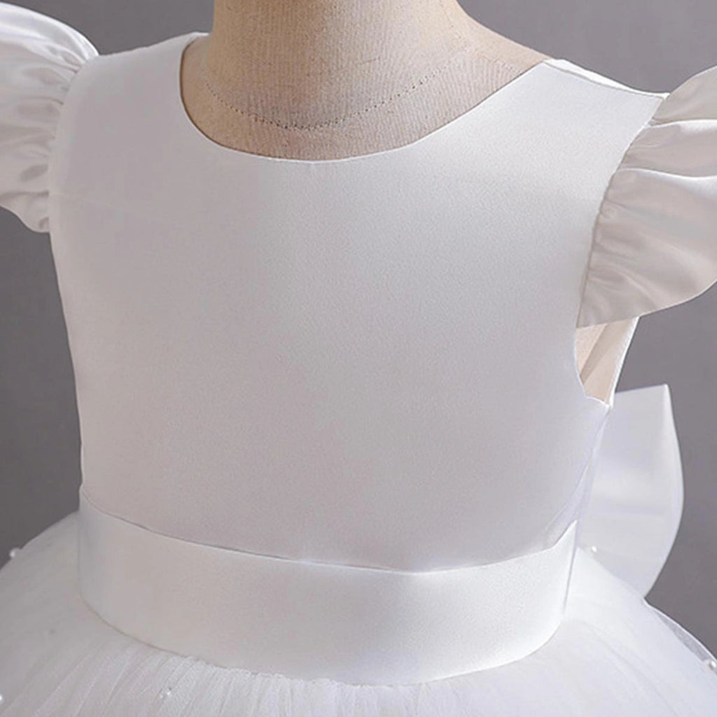 Girls White Pearl-Embellished Flutter Sleeve Party Wear Dress Party Dresses