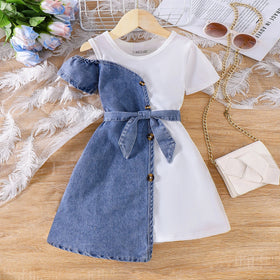 Girls Blue Solid Cold Shoulder Denim A-Line Dress Casual Dresses Blue 2-3 Y