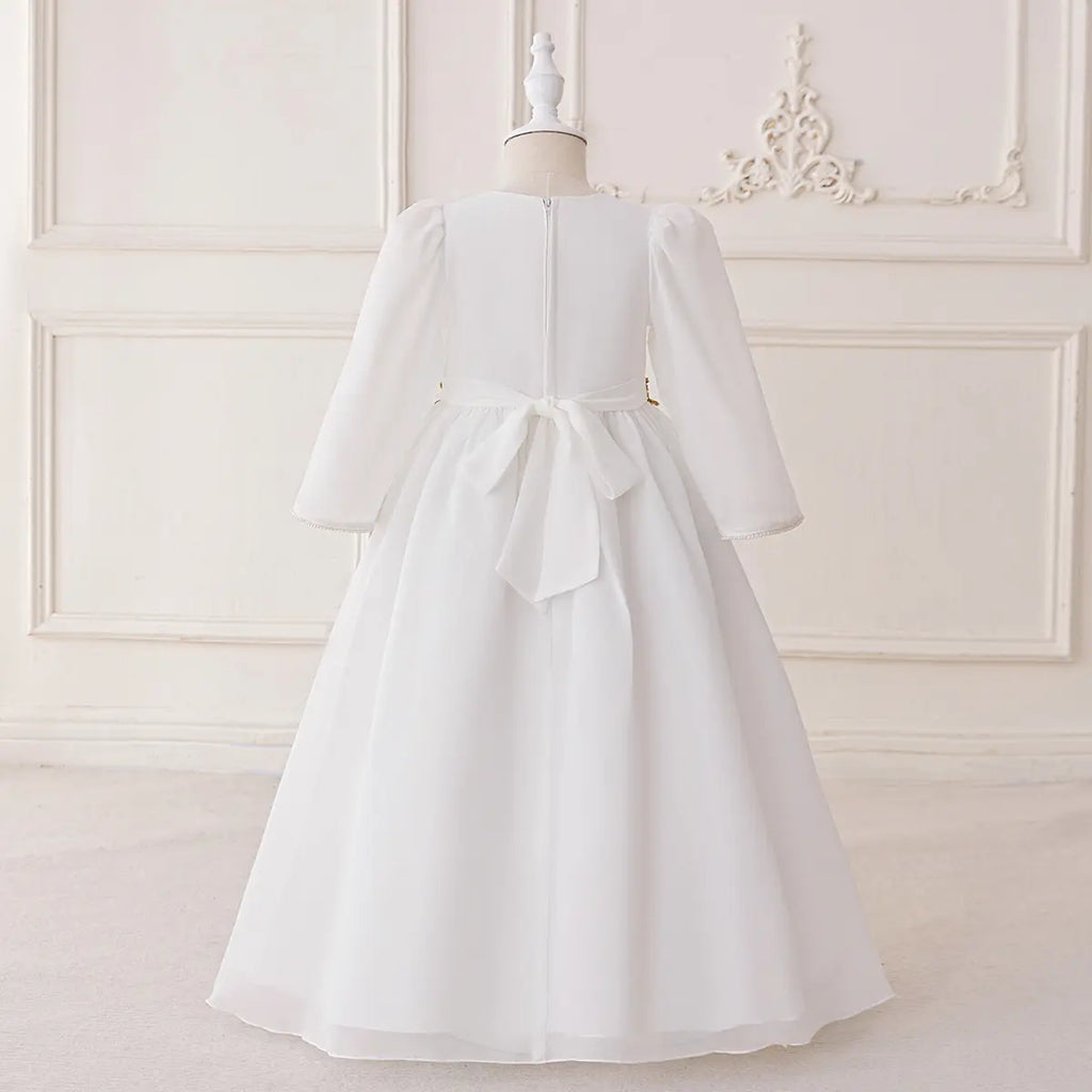 Girls White Long Sleeves Maxi Dress With Floral Embroidery Casual Dresses