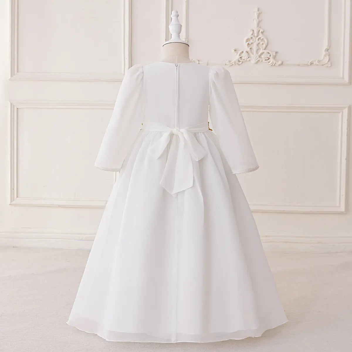 Girls White Long Sleeves Maxi Dress With Floral Embroidery Casual Dresses