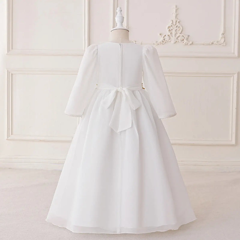 Girls White Long Sleeves Maxi Dress With Floral Embroidery Casual Dresses