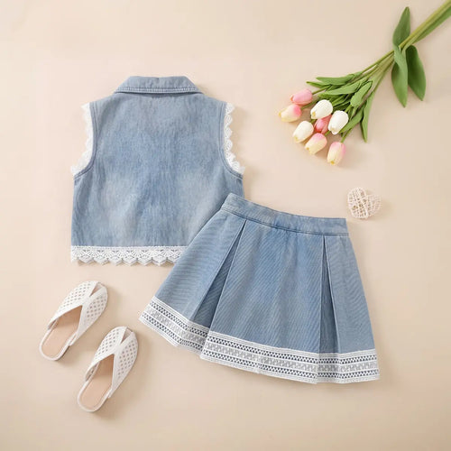 Girls Blue Flower Applique Sleeveless Denim Vest With Pleated Denim Skirt Sets 2 pc. Sets