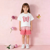 Girls White Butterfly Applique T-Shirt With Ombre Print Shorts Sets Sets