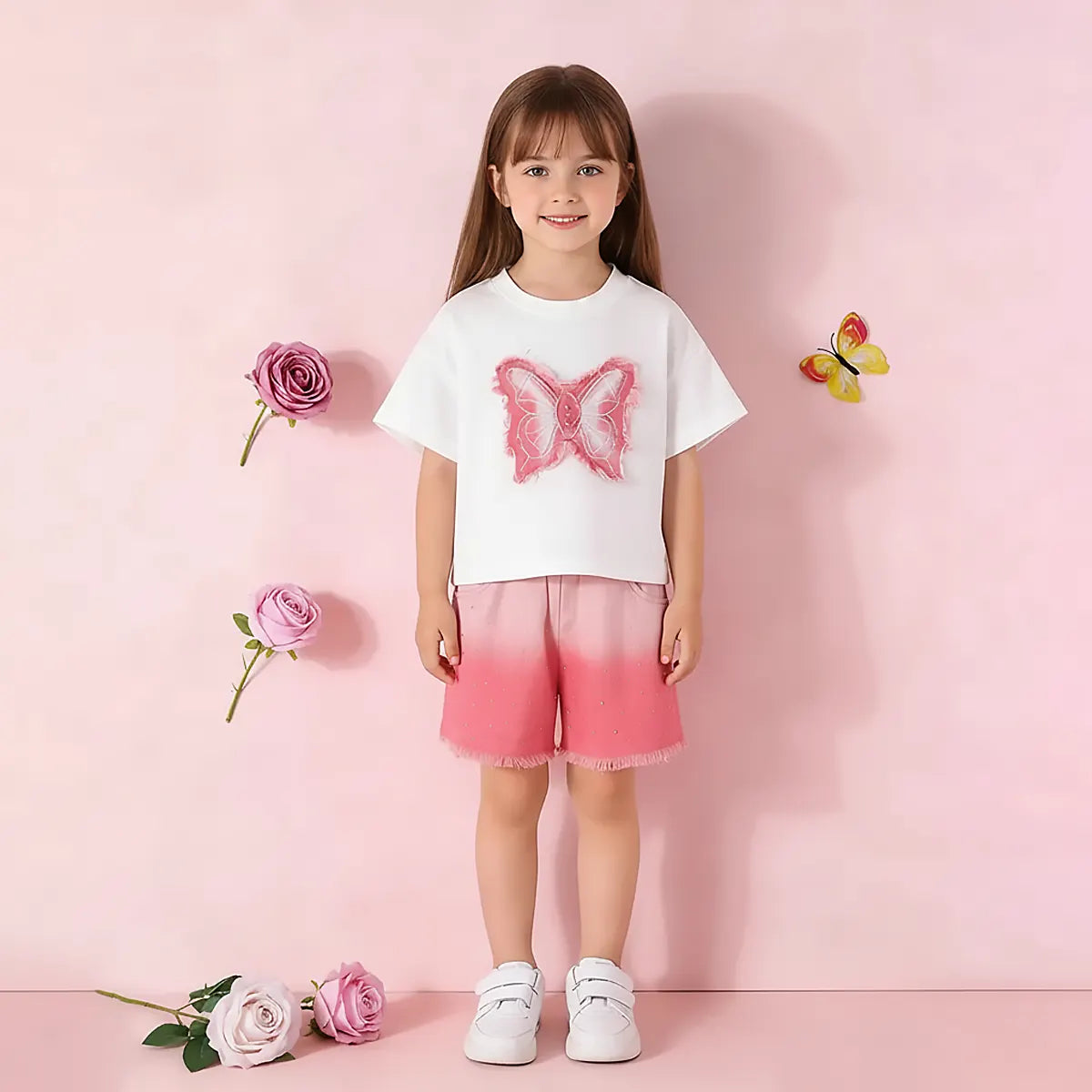 Girls White Butterfly Applique T-Shirt With Ombre Print Shorts Sets Sets